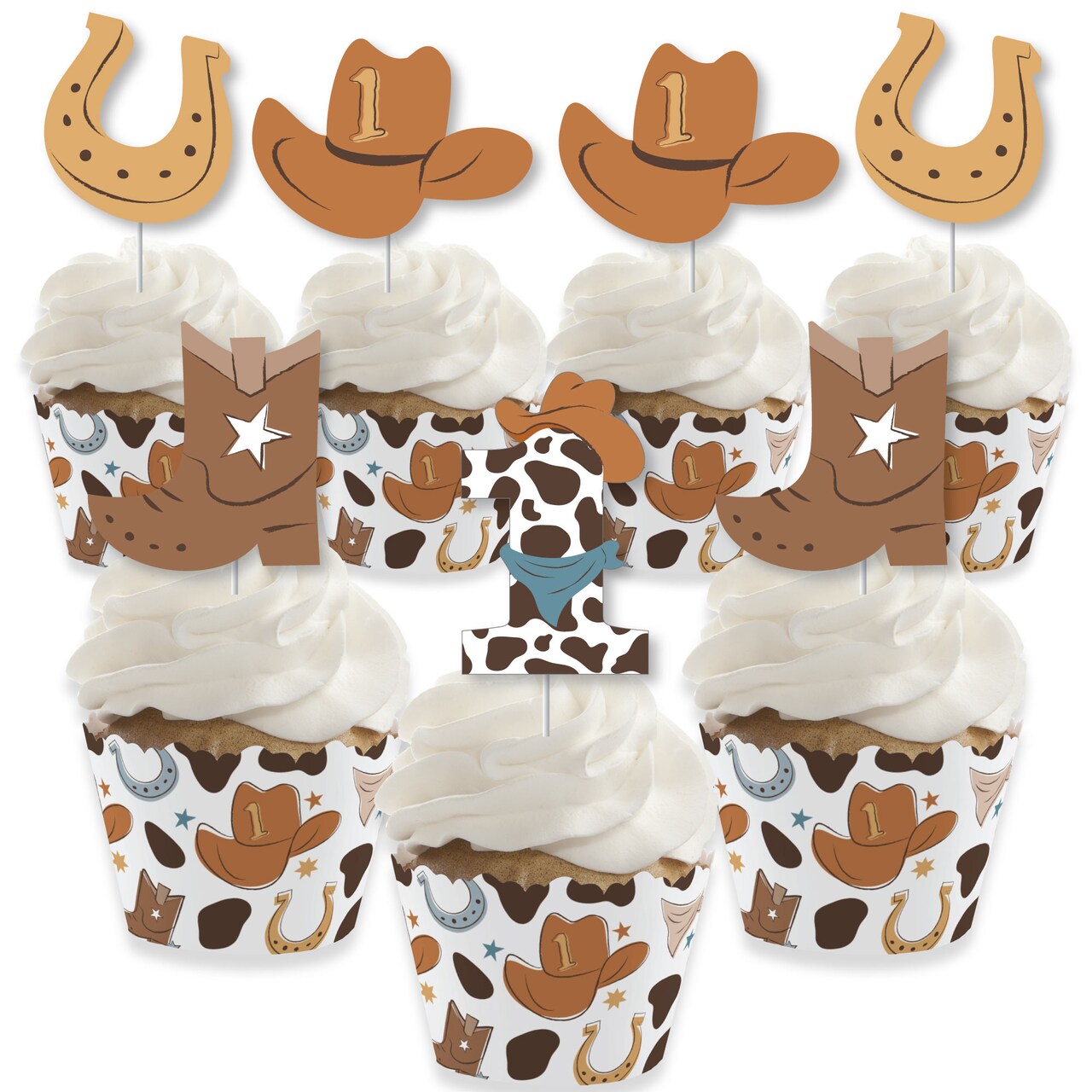 Big Dot of Happiness My First Rodeo - Cupcake Decoration - Little Cowboy 1st Birthday Party Cupcake Wrappers and Treat Picks Kit - Set of 24